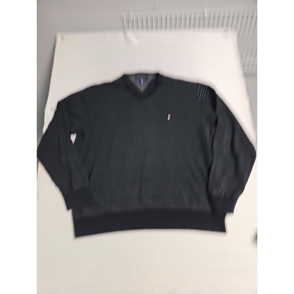 Tommy Hilfiger Mens V-Neck Sweater Black Grey Striped 100% Cotton L/S Knit